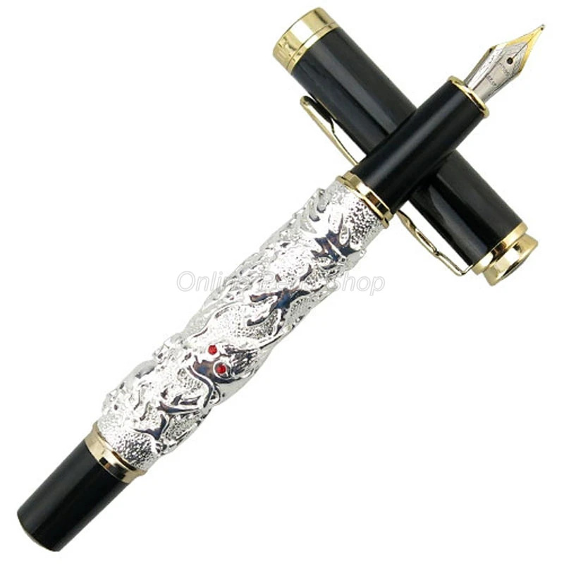 Jinhao Silver Ancient Auspicious Dragon Carving Embossing Medium Nib Fountain Pen Professional Office Stationery Accessory