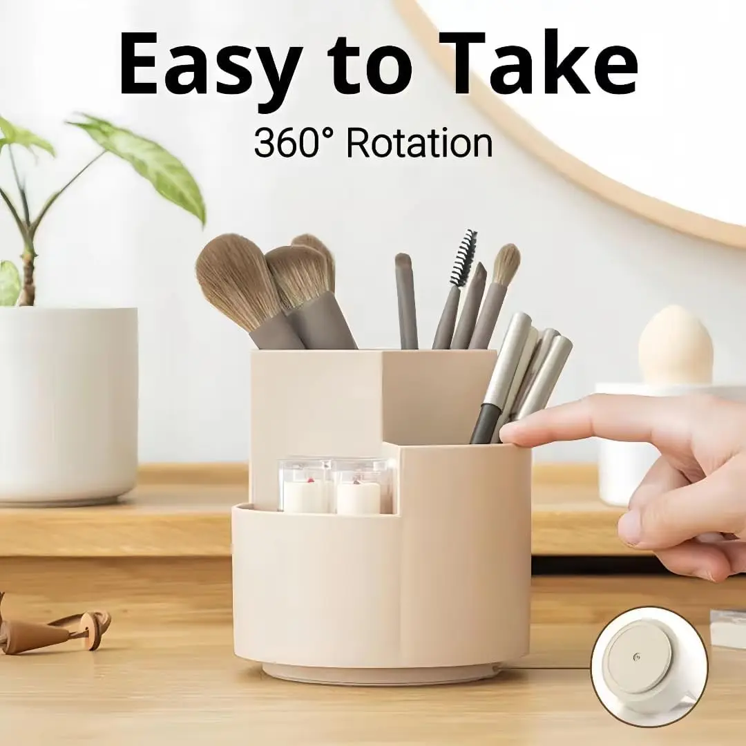 Makeup Organizer 360 Rotating Pencil Pen Holder 3 Slot for Desk Table Vanity Countertops