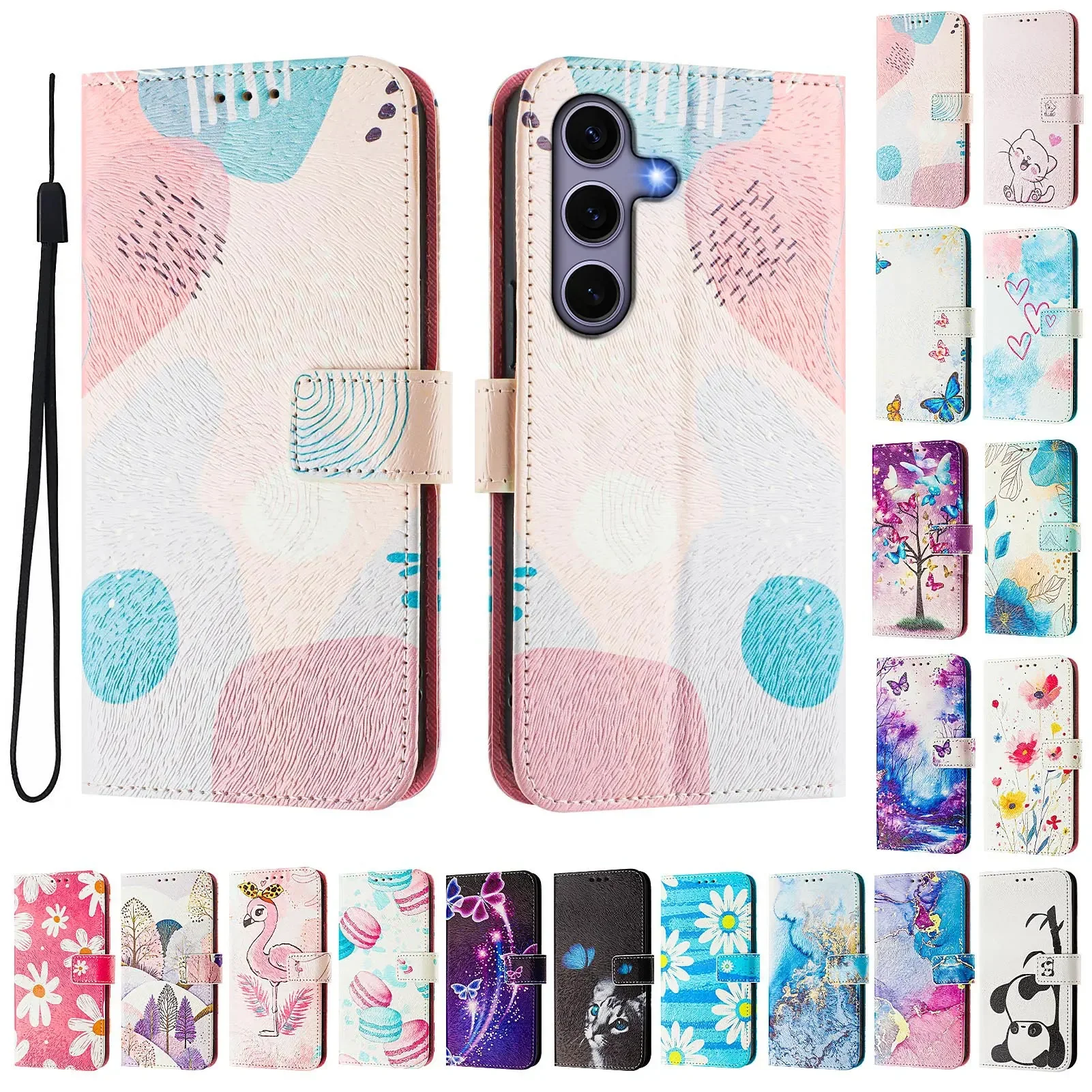 Leather Flip Wallet Case with Card Slot and Cartoon Design – Premium Painted Back Cover
