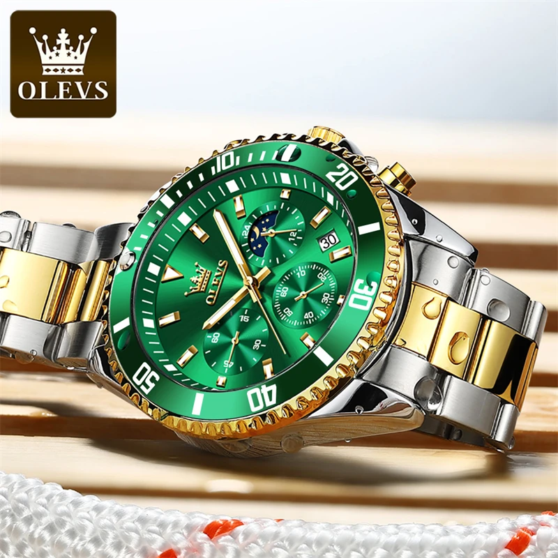 Многофункциональные мужские Кварцевые водонепроницаемые часы OLEVS Green Water Ghost из