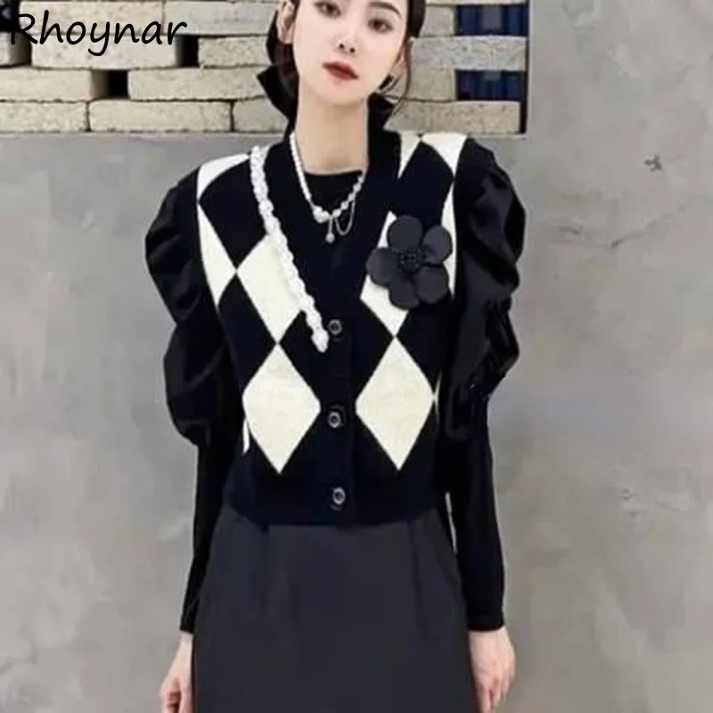 

Sweater Vest Women Preppy Cropped Students Female Pearls Argyle V-neck All-match Knitted Casual Holiday Spring Clothes Ulzzang