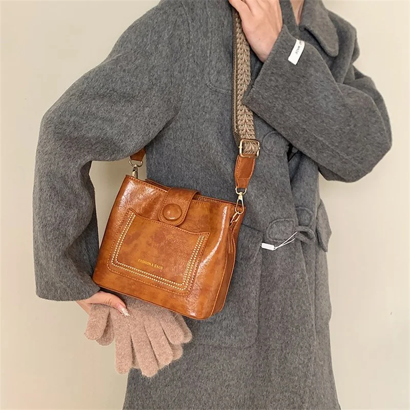 Vintage Simple PU Leather Bucket Crossbody Bags for Women Luxury Designer Handbagt Lady Black Shoulder Bag