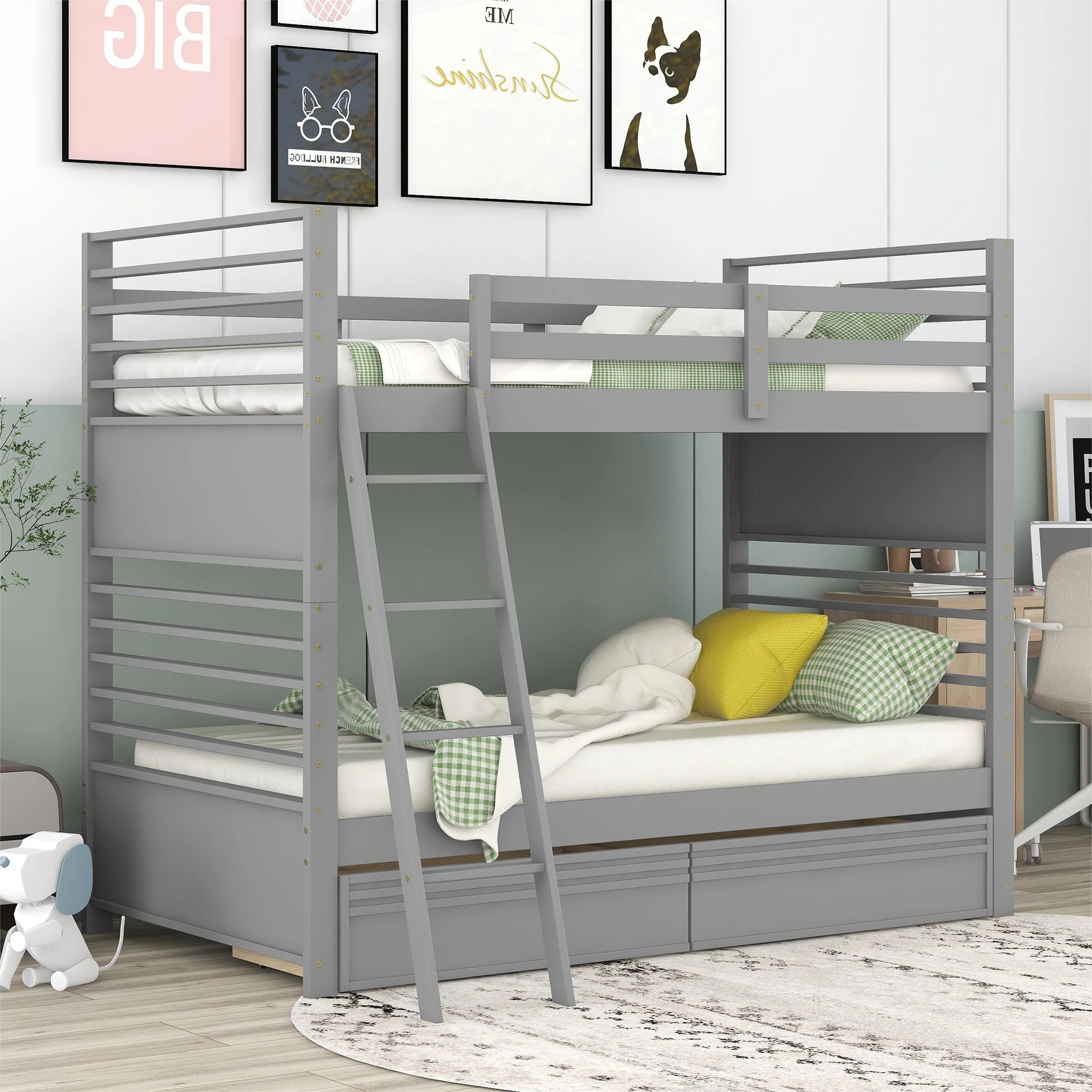 Modern Twin over Twin Wood Bunk Bed with 2 Drawers, Gray - Perfect Furniture for Kids Room