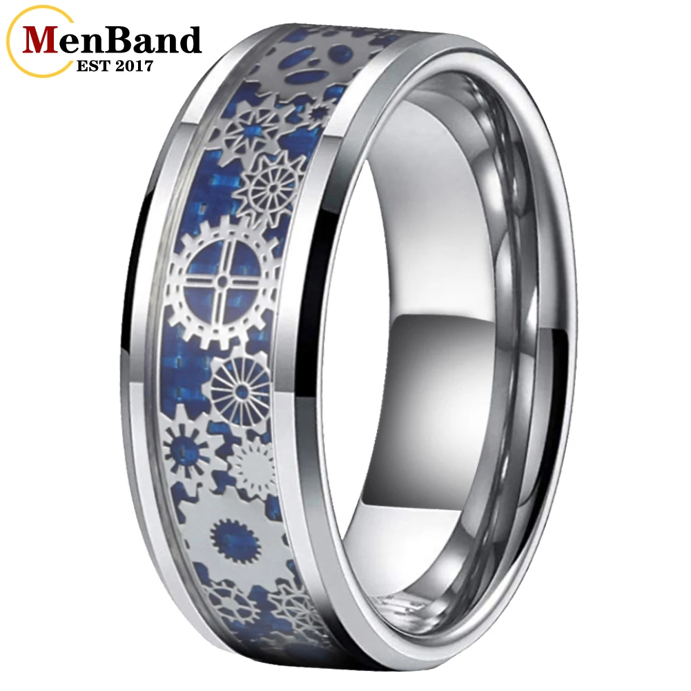 MenBand 6/8mm Men Women Wedding Band Tungsten Carbide Ring With Mechanical Gear Wheel And Carbon Fiber Inlay Comfort Fit