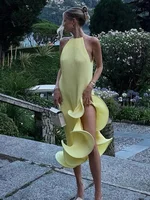 Robe longue maxi chic pour femme, style romantique, à col licou et à lacets, en maille côtelée, à volants, fendue haute, coupe ajustée, tendance printemps 2026, Vestidos 3