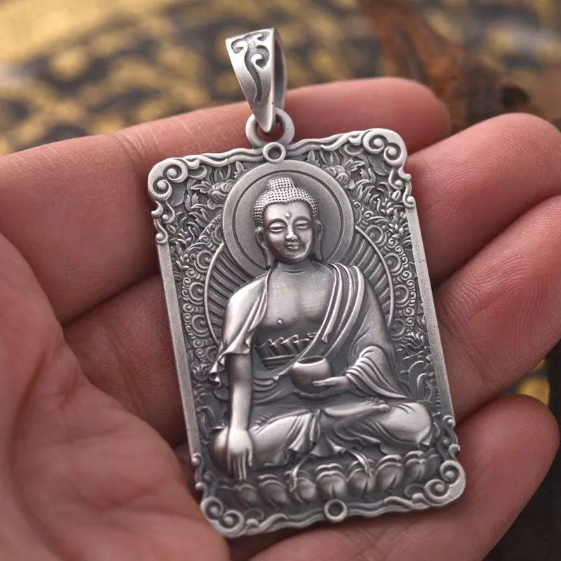 Vintage Silver Plated Buddha Necklace Men's Punk Style Pendant Hip Hop Accessories Personality Jewelry Gift