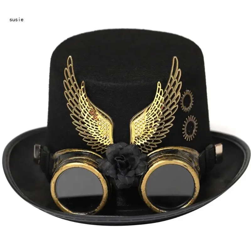 

X7YA Double Wing Steampunk Top Hat in Black Mens Fashion Decorations Accessory for Halloween Decorations Ornament Accessory