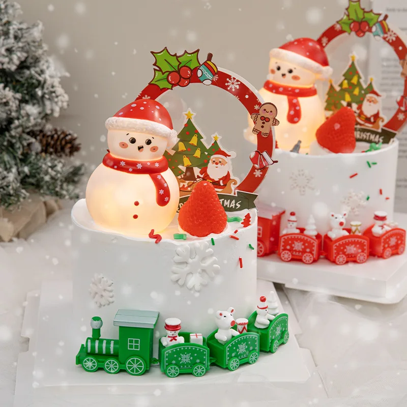 Mini Train Merry Christmas Cake Topper Dessert Decoration Cartoon Santa Claus Kids Xmas Party Gift Cake Topper Baking Supplies