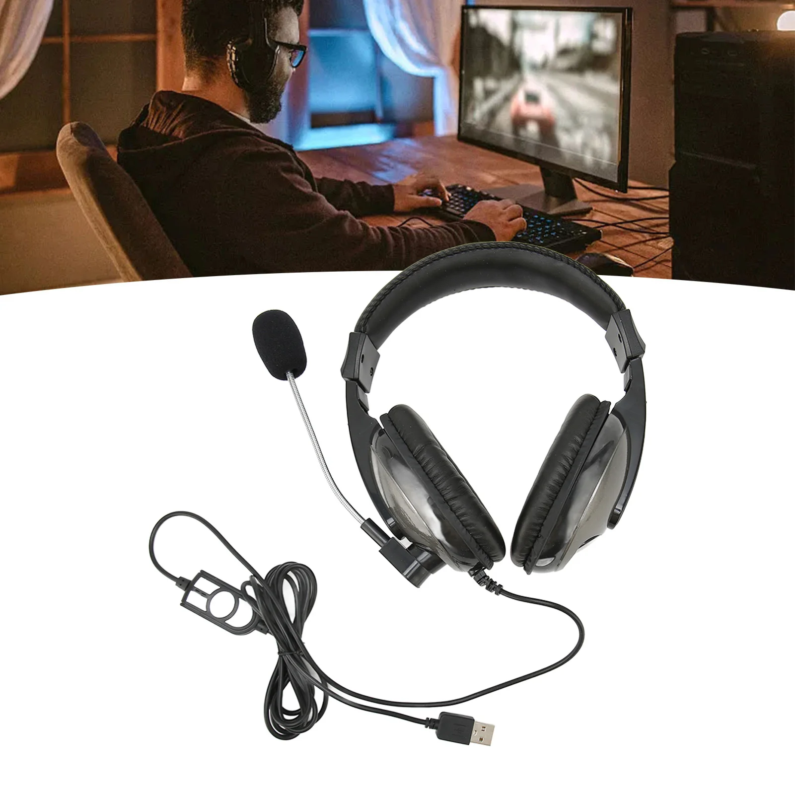 컴퓨터 헤드셋 USB 게임용 헤드셋 와이어 제어 PS4용 PC 노트북용 마이크가 있는 조절 가능한 볼륨 게임용 헤드셋
