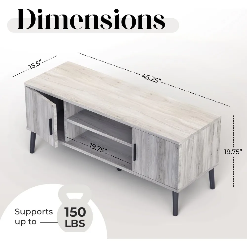 Mid-Century Modern Rustic 45" TV Stand with 2 Side Doors Entertainment Center Console for Living Room Bedroom Office - Supports 3