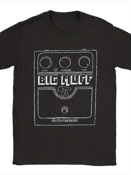 Abbigliamento casual estivo, con t-shirt nere oversize, ispirate ai pedali effetto chitarra Big Muff Electro Harmonix.