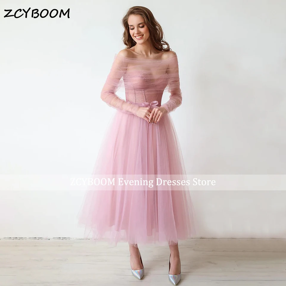

Pink 2 In 1 Detachable Sleeves A-Line Party Prom Dresses 2024 Tulle Strapless Open Back Sweetheart Tea Length Women Evening Gown