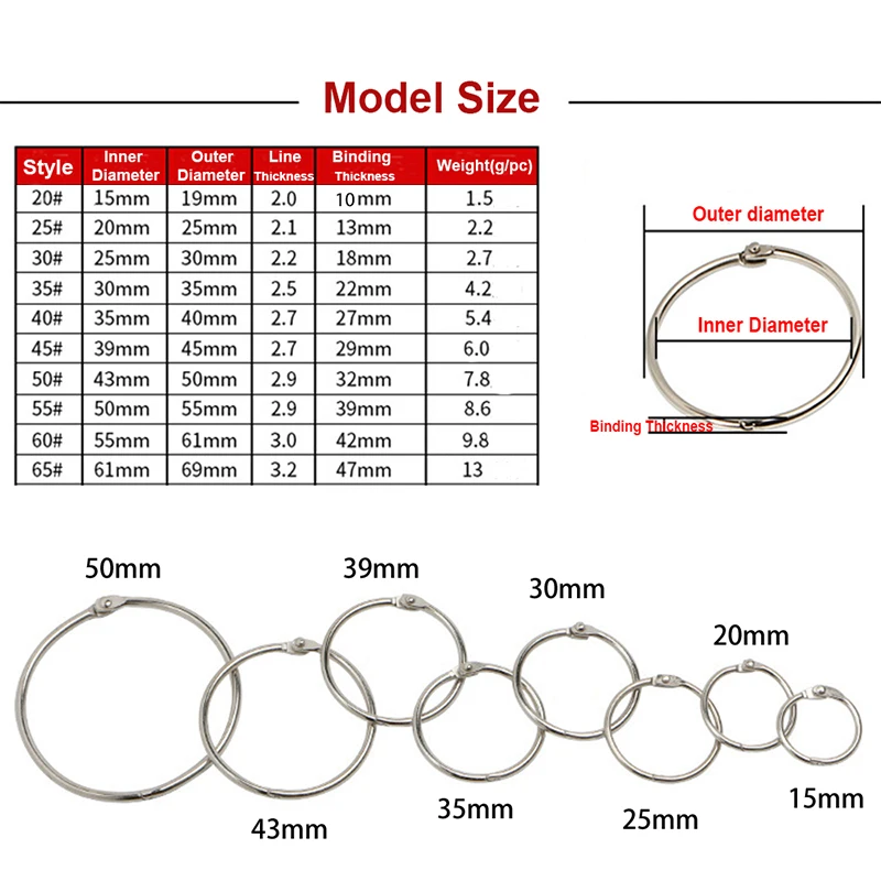 Metal Ring Binder 10Pcs Metal Ring Binder 15-60mm DIY Albums Loose-leaf Book Hoops Opening Office Binding Supplies Photo Album