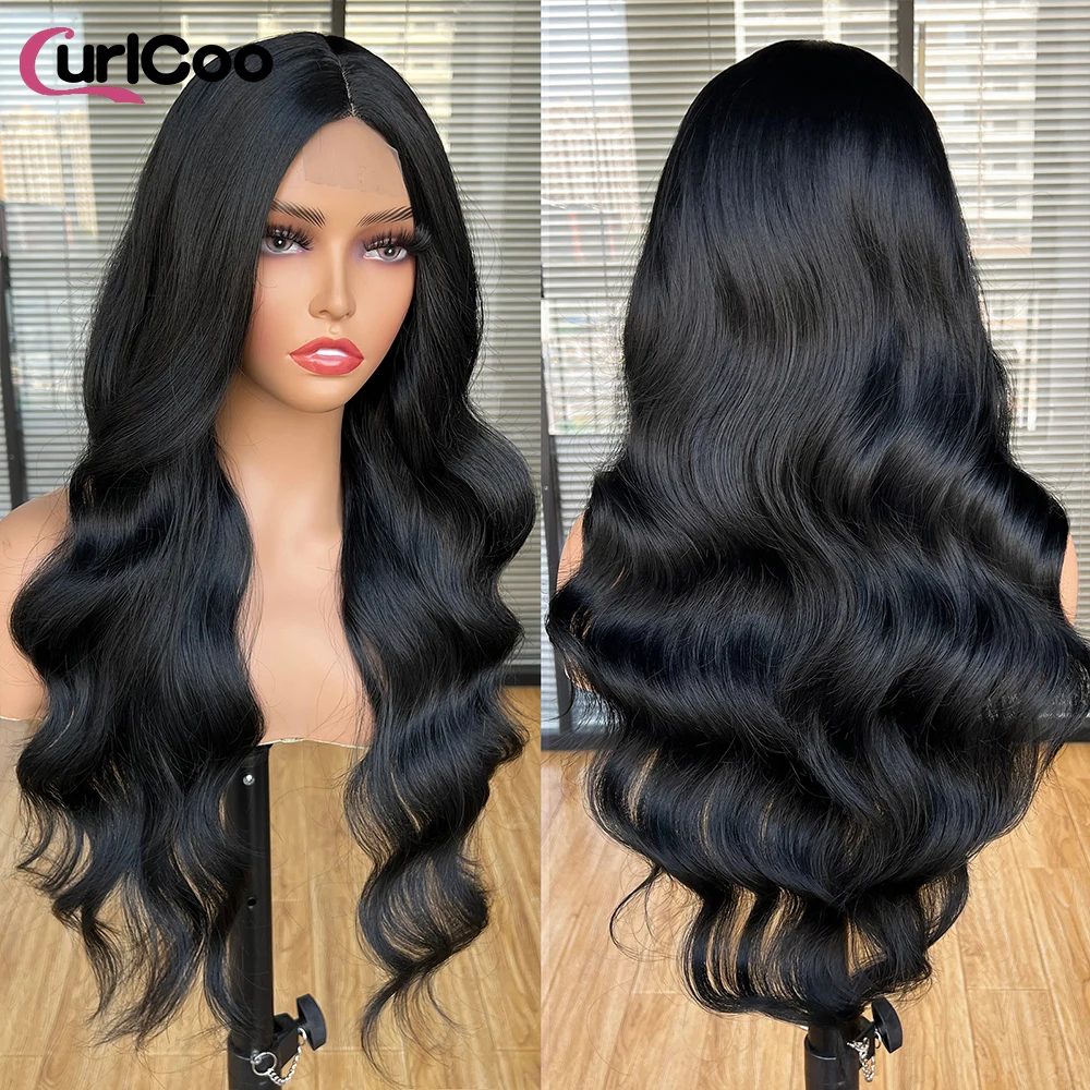 Long Black Wavy Wig for Women Synthetic Curly Wigs Natural Looking Middle Part Heat Resistant Fibre for Daily Party Use 26 Inch