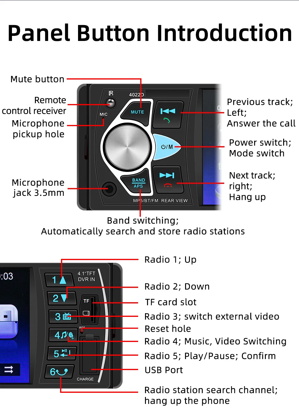 BQCC1 DIN 4'' Autoradio BT TF USB 7 Farblichter unterstützen Reverse-Bildverbindungsleitung Schutz Auto MP5-Player 4022D – Detail 12