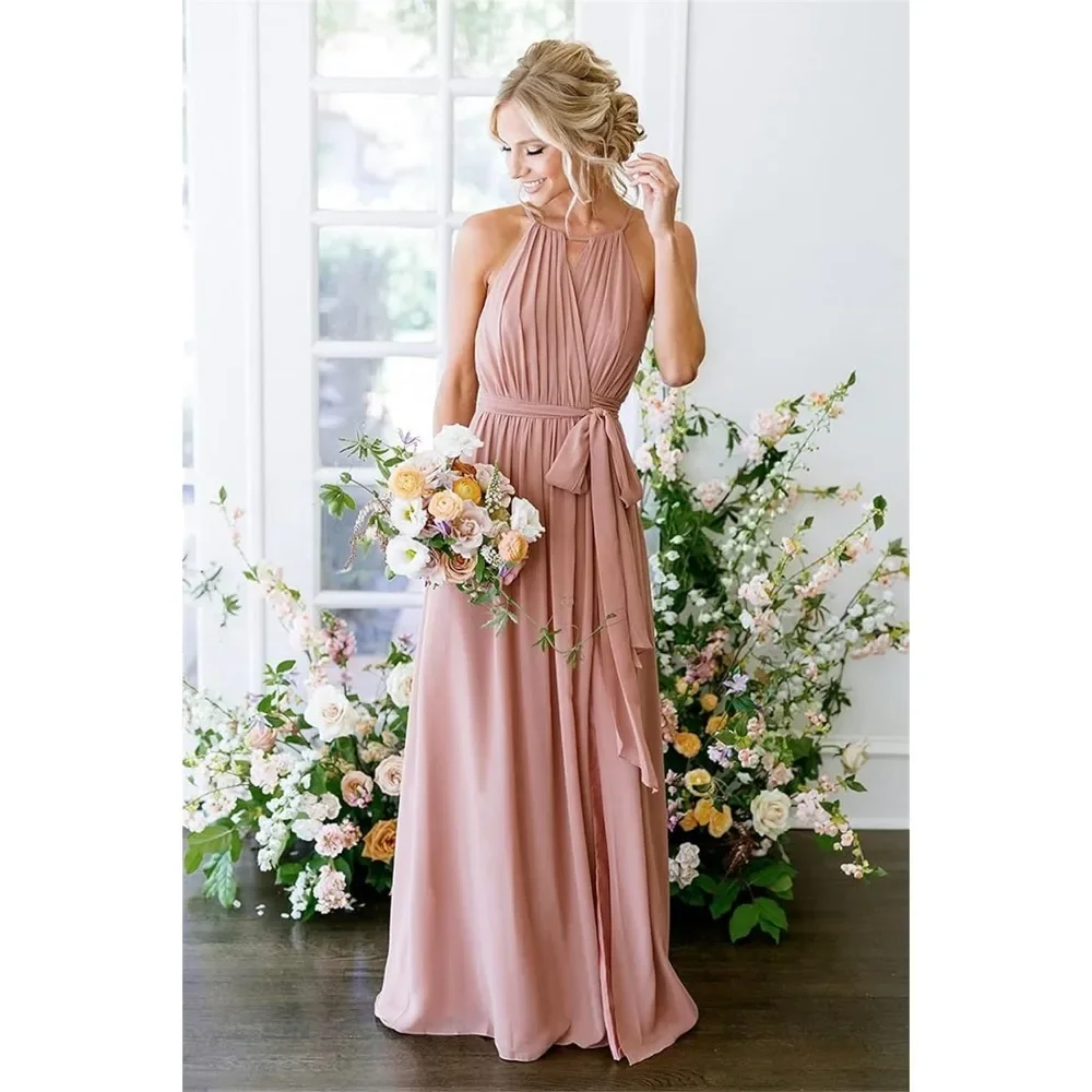 

Wakuta Halter Chiffon Bridesmaid Dresses Long Pleated Split Evening Prom Dresses Cocktail Party Ball Gown Wedding Guest Dress