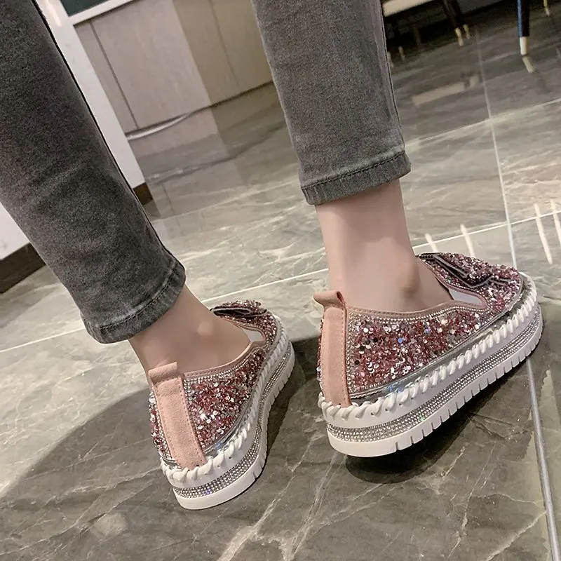 LazySeal Bling Sequine Upper Women Flat Heel Shoe Luxury Butterfly Street Style Casual Footwear Flats Plus Size 44