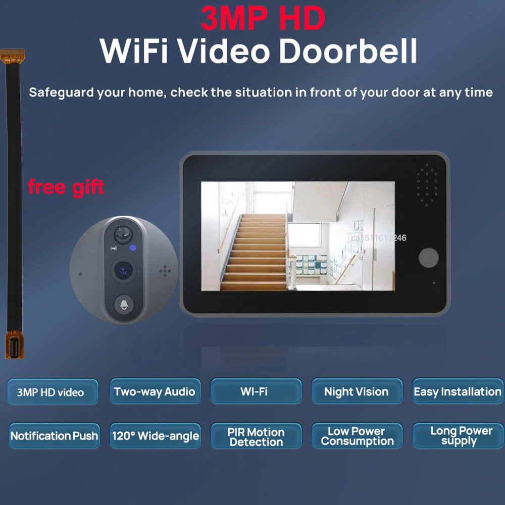 3MP Video Doorbell Smart Home Peephole Door Bell Security Camera Wifi 4