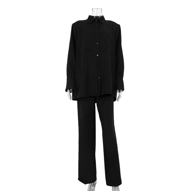 Casual Suit Women's Autumn and Winter New Long Sleeve Black Loose Shirt Straight Pants Two-Piece Set WholesaleWlj