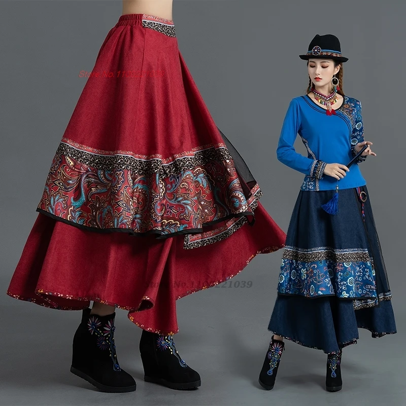 chinese vintage elastic waist skirt national flower print ethnic skirt oriental traditional folk a-line corduroy