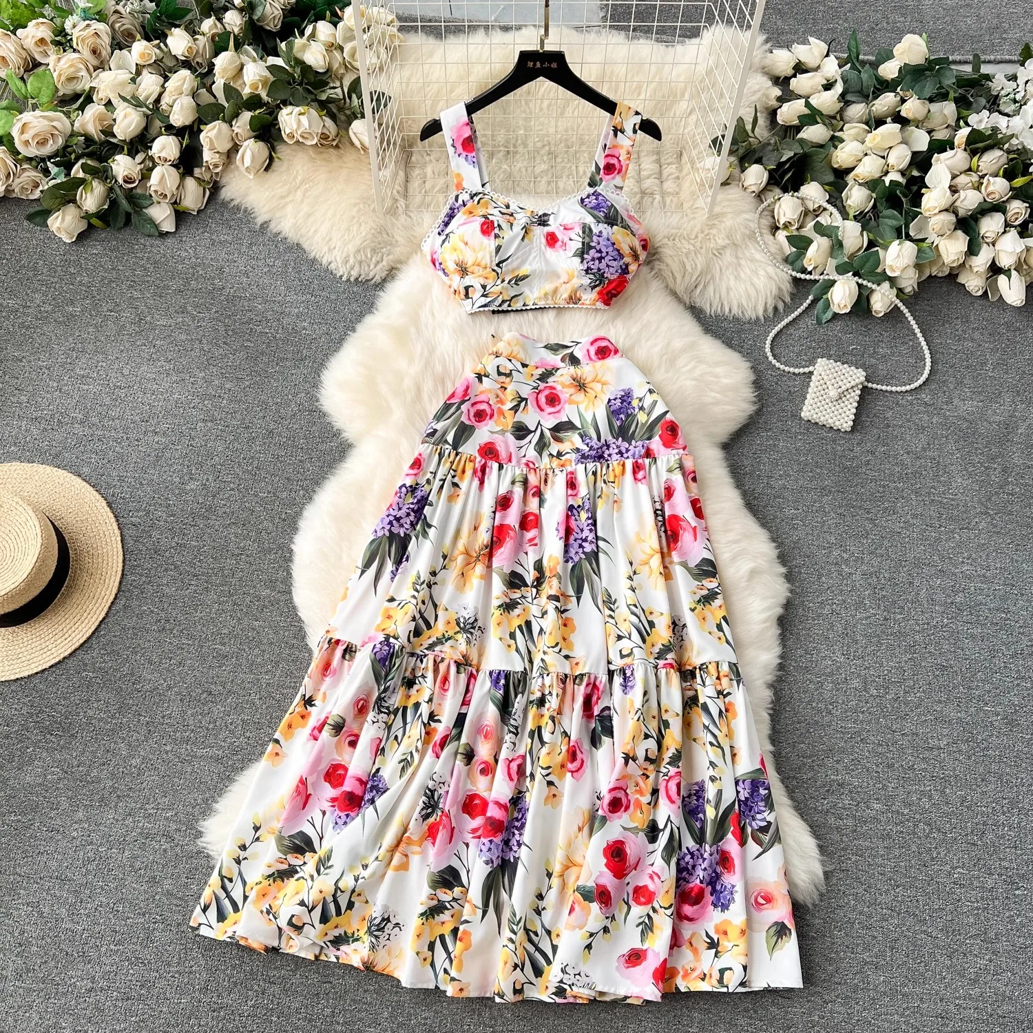 Runway Summer Maxi Skirt Top Suit Two Pieces Womens Outfits Fashion Floral Print Spaghetti Strap Holiday Beach Dress Set 90s sweet plaid dress summer za women simple slim spaghetti strap dresses 2023 cottagecore plus size braces skirt bottom bodycon