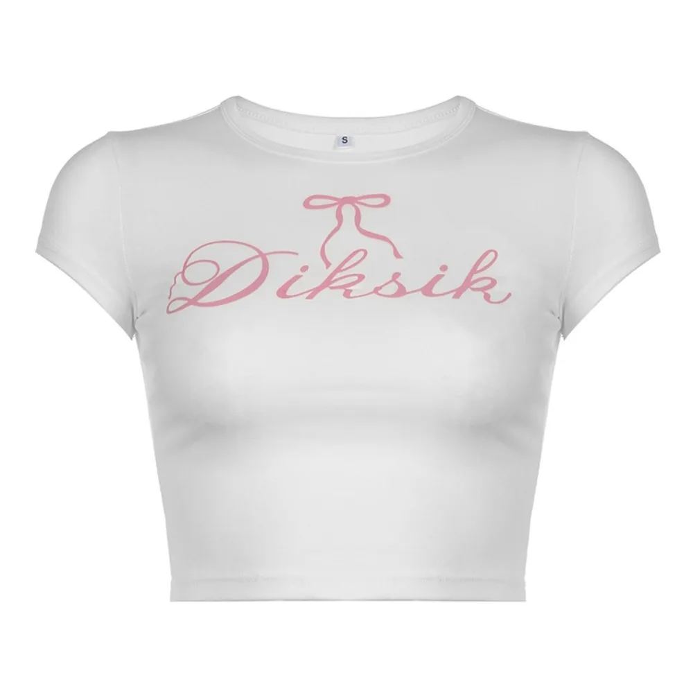 

Lovely Print Round Neck Short Sleeves Summer Solid Color Letter Printed Top BM Style T-shirt