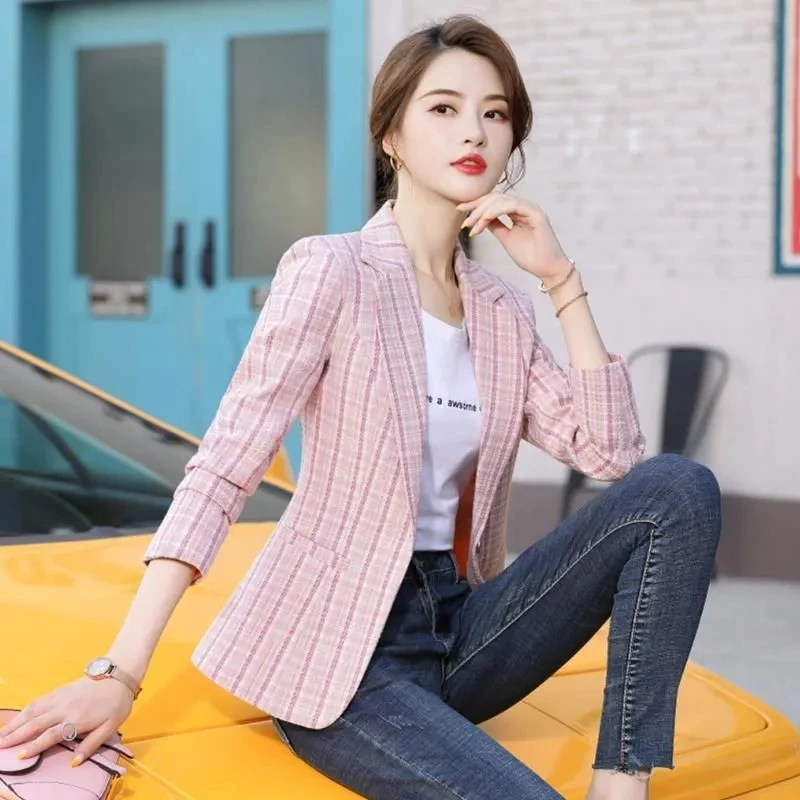 Spring Autumn Casual Women Blazer Lady Office Work Suit Slim Plaid Jacket Long-Sleeved One Button Women's Blazers Clothing New