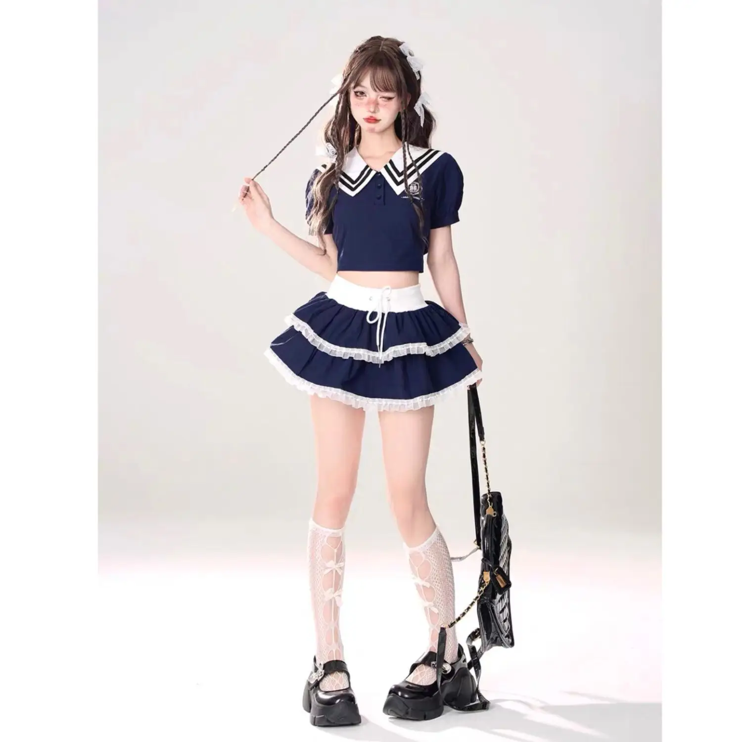Japan Kawaii JK Cute Uniform Sailor Suit Summer Women Clothing Navy Neck Tie Up Bow Top High Waist Fluffy Short Skirt Girl New
