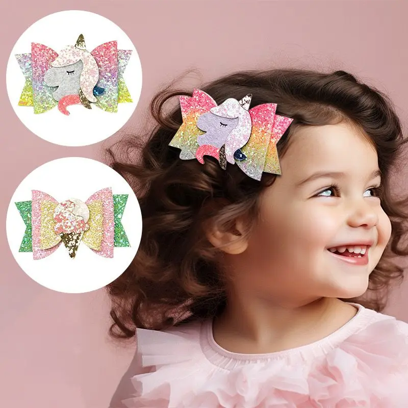 24pc/lot Glitter Ice Cream Bow Hair Clips Baby Girl Kid Glitter Unicorn Bow Barrettes Hairpins for Girls Kids Hair Accessories european cartoon knitted hat winter baby cap girl boy embroidery unicorn accessories pompom beanie winter warm kids hats bonnet