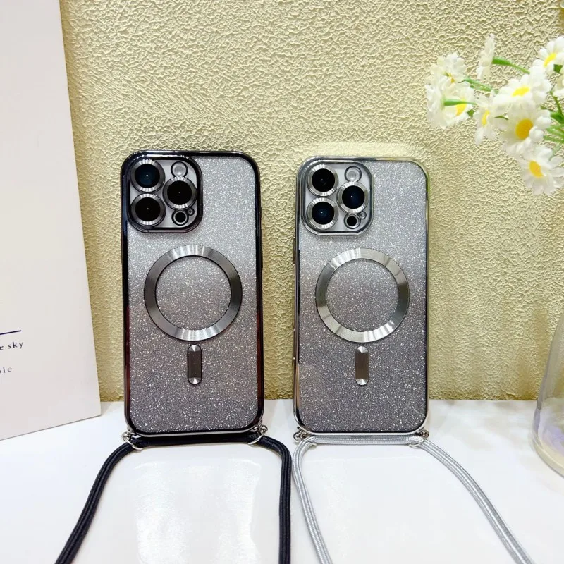 Magnetic Crossbody Glitter Plating Strap Case with Wireless Charging Capability