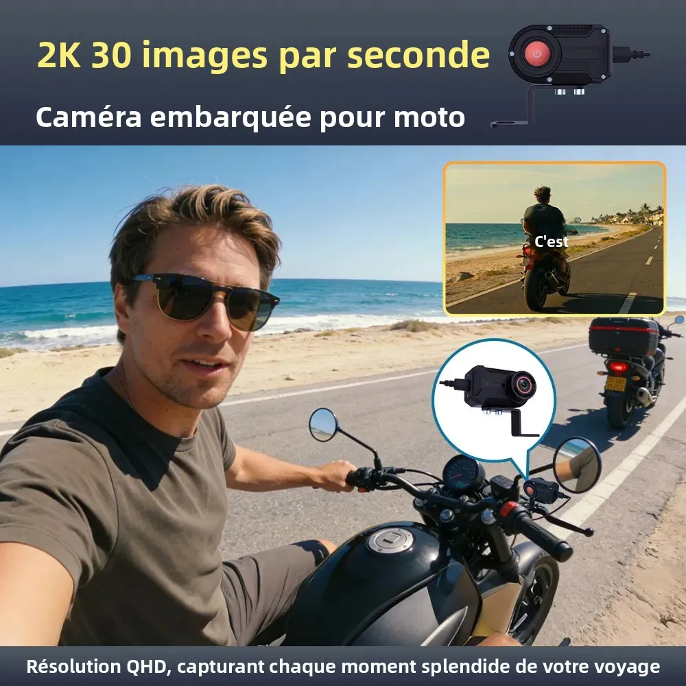 Caméra action sport 4K étanche avec télécommande et accessoires, posée sur une table avec tous ses accessoires.