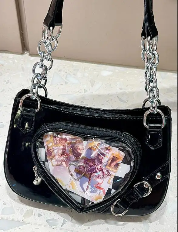 New Japanese Heart Black Shoulder Bags Wallets Women Subculture Leather Y2k Bag Ladies Harajuku Anime Underarm Square Bag 2015