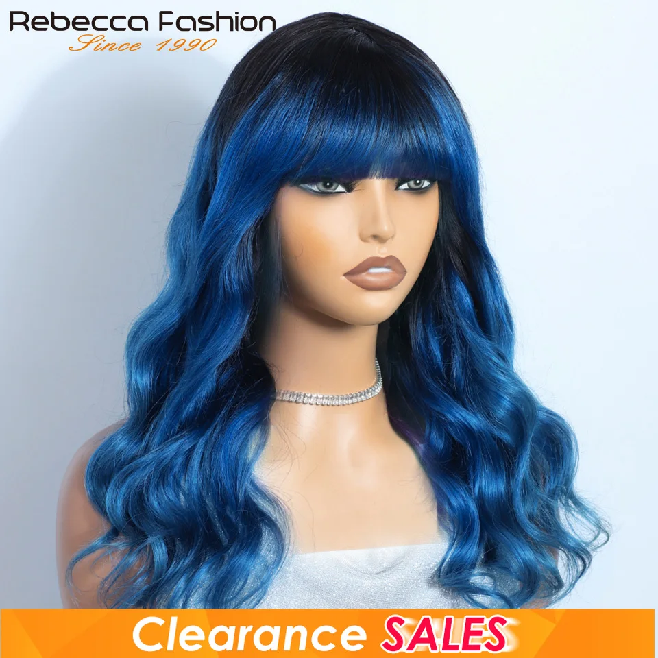 레베카 T1B/블루 바디 웨이브 인모 가발(뱅 포함) 180D 브라질 헤어 풀 머신 메이드 여성 가발 코스프레 헤어