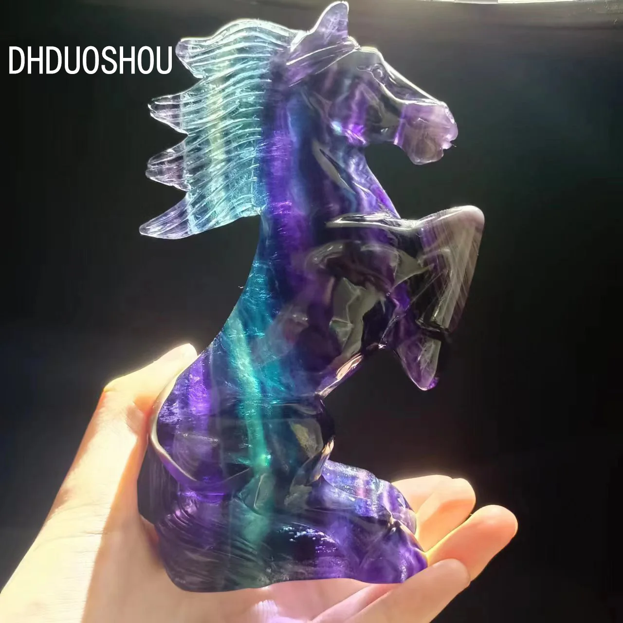 

Customization Crystal Hand Carved Reiki Energy Gemstone Rainbow Fluorite Horse Fine Art Sculpture Gift Healing For Decoration