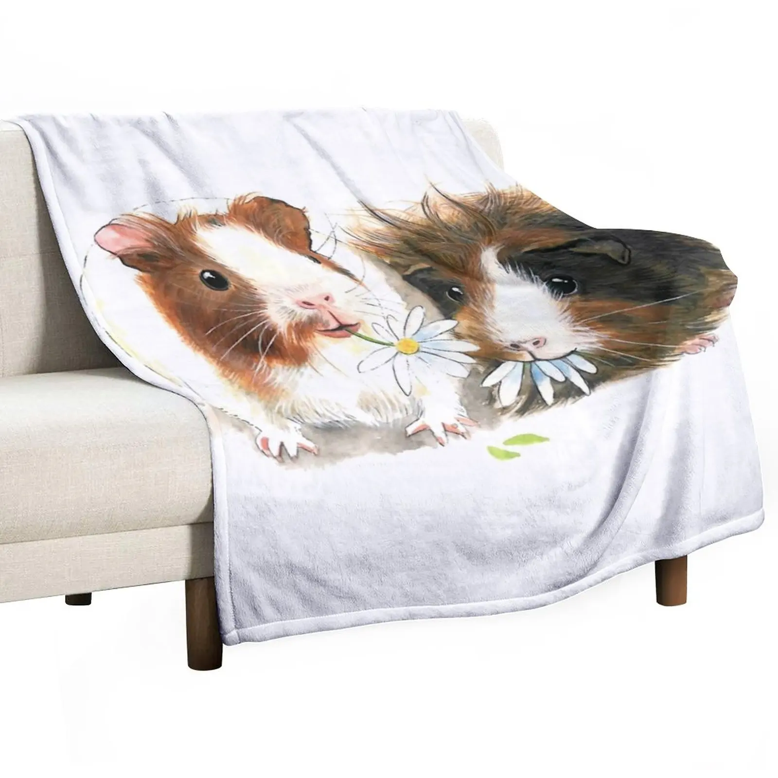 

Watercolor illustrated guinea pigs eating flowers Throw Blanket Bed linens Decorative Blankets Cute Blanket