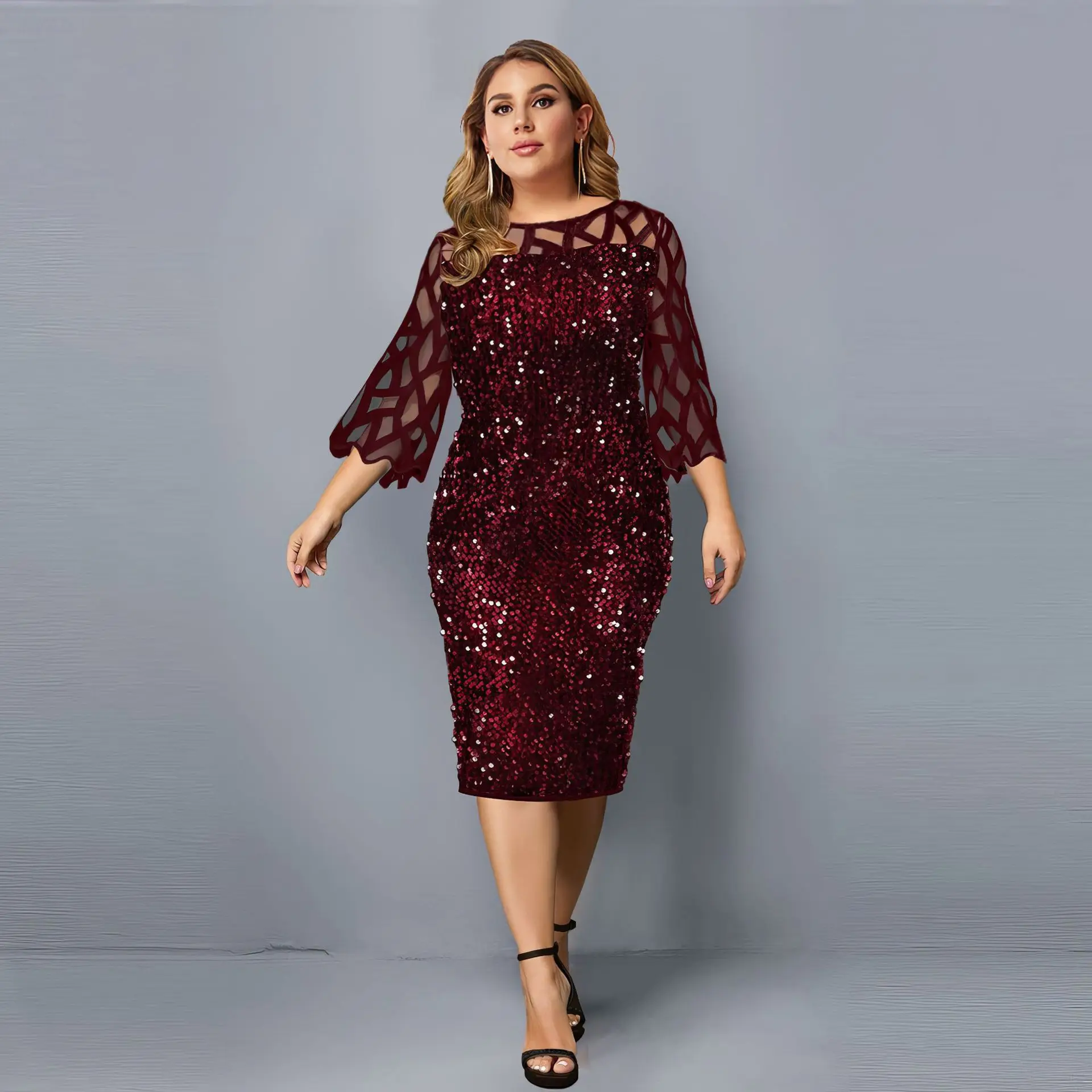 

European American Spring Autumn New Temperament Elegant Dress for Women High Street Lace Sequin Trendy Female Top