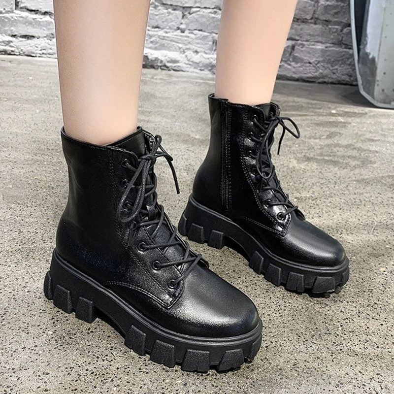 

Chunky Platform Ankle Boots for Women 2022 Autumn Winter Thick Sole PU Leather Botas Mujer Plus Size Lace Up Wedges Shoes Woman