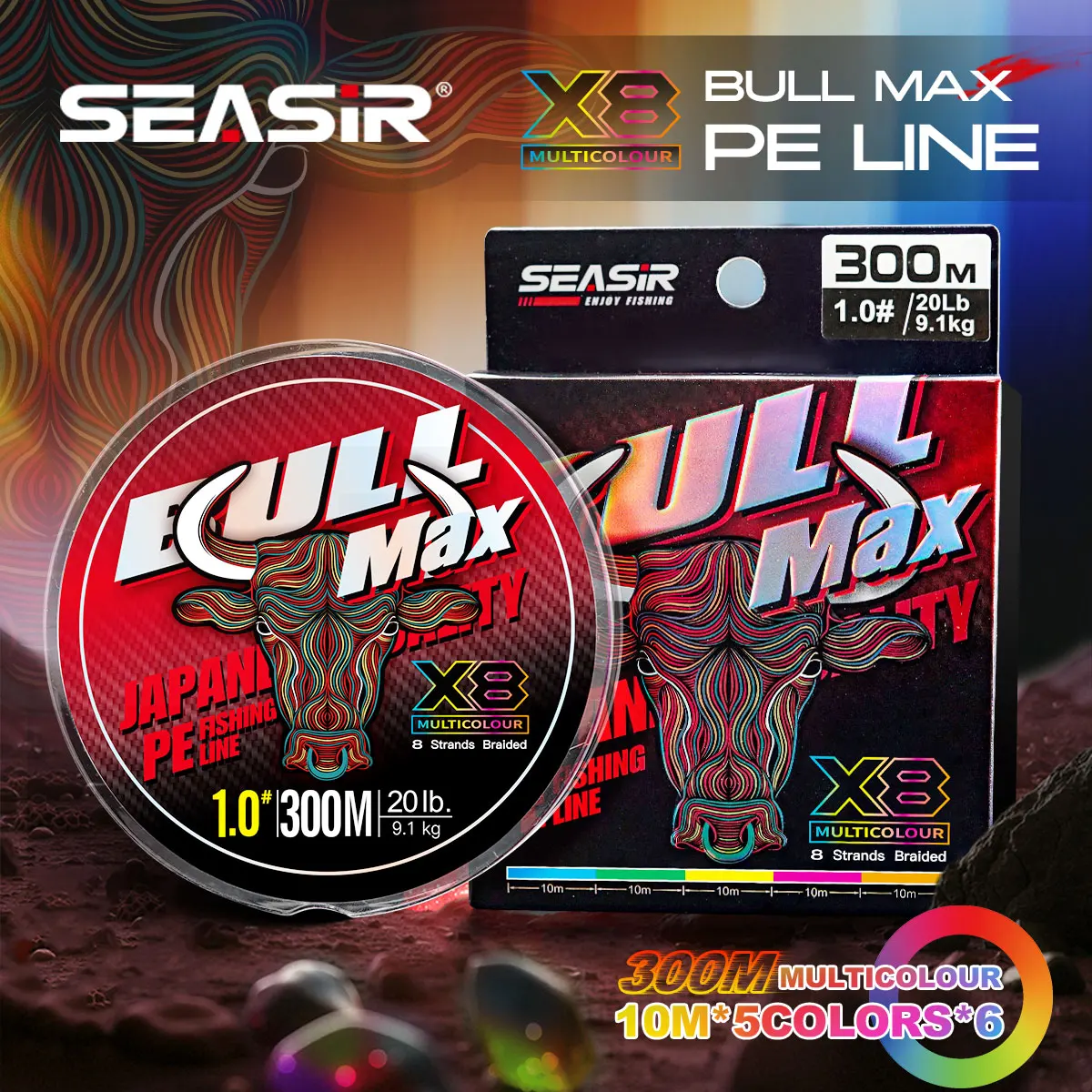 SEASIR Braided Fishing Line Bull Max 8, Japan Quality PE Multicolour 300M 0.8 6.0 15 70LB High Strength Main Line