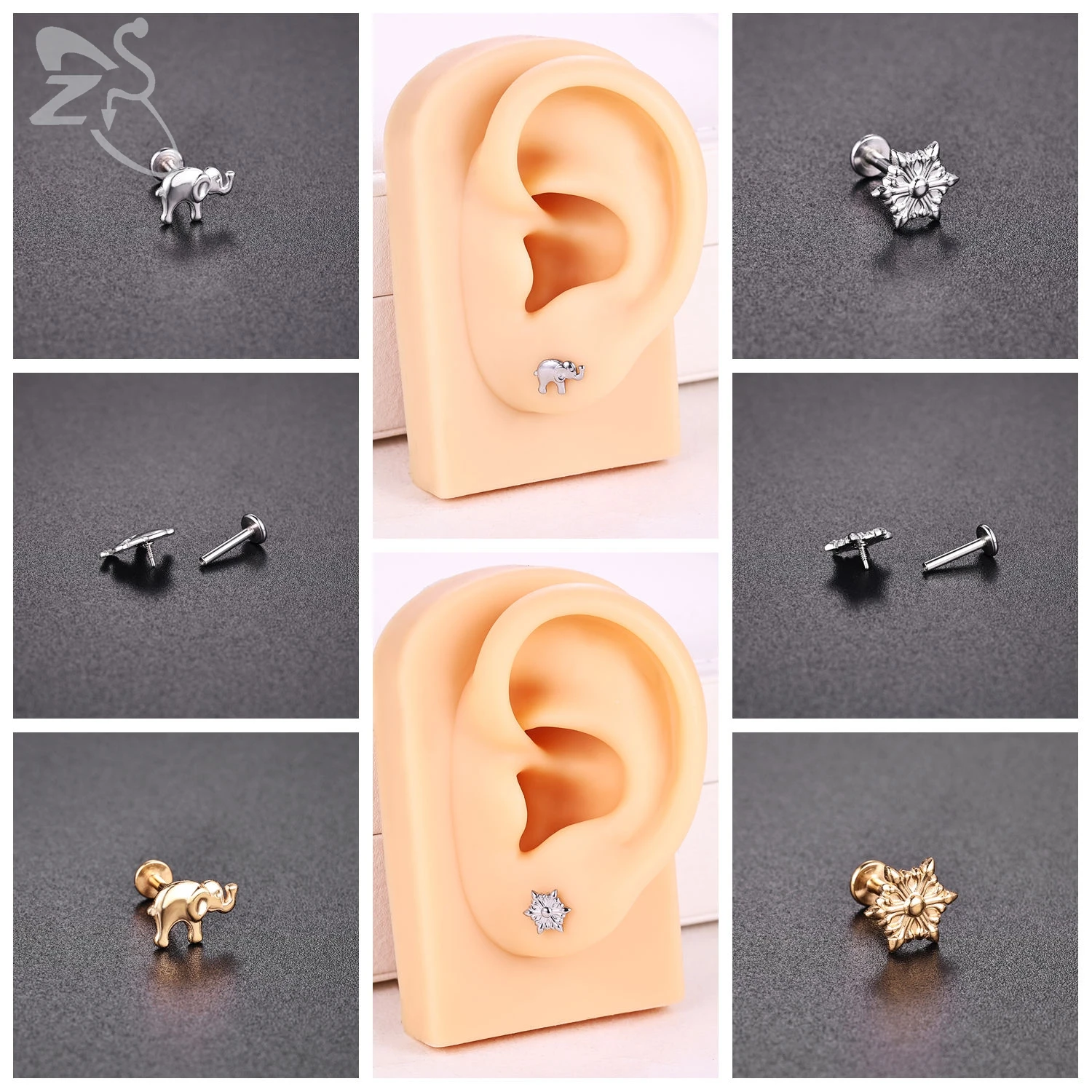 ZS 1PC 16G/18G 316L 스테인레스 스틸 립 링 해바라기 코끼리 Labret 피어싱 골드 컬러 귀 스터드 6mm/8mm 연골 귀걸이