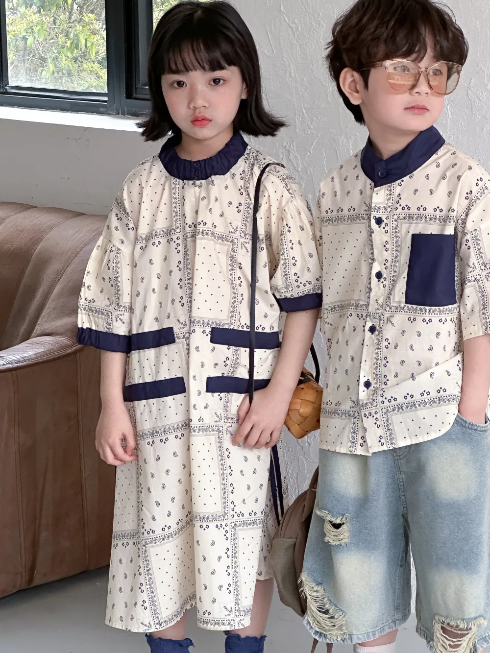 

2024 Summer New Children Shirts Girls Ethnic Style Drawstring Dress Kids Boys Short Sleeve Shirts Brother Sister Clothes Set