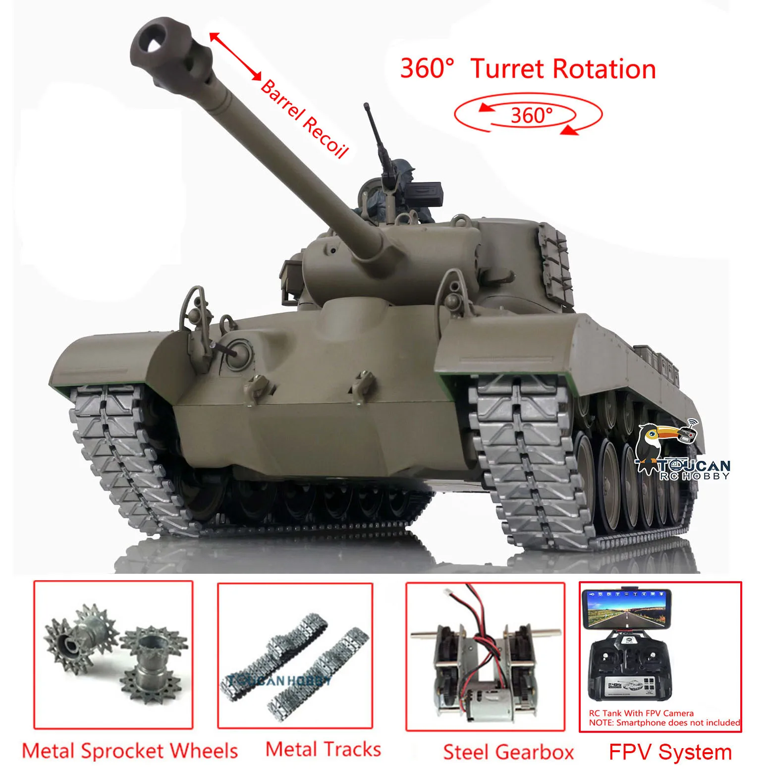Henglong 1/16 FPV Camera System M26 Pershing RTR RC Tank 3838 With Barrel Retractable 7.0 Upgraded Ver As Boys Christmas Present 5