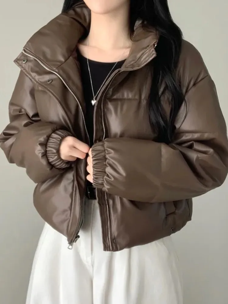 Chic Winter Thiened High Collar Loose PU Leather ort Bread Coat Zipper Cotton Jaet Women's Faionable Versatile Outerwear