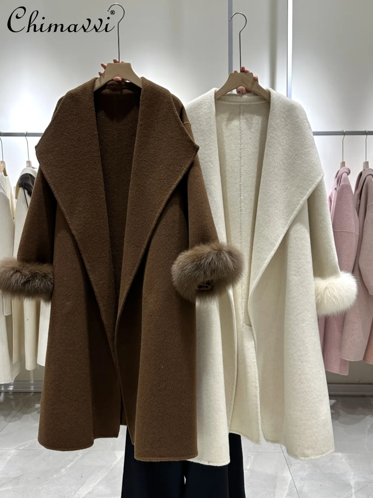 

Korean High-End Reversible Cashmere Coat Women's Large Lapel Slim-Fit Long Cuff Fox Fur High-Grade Woolen Coats 2024 Spring