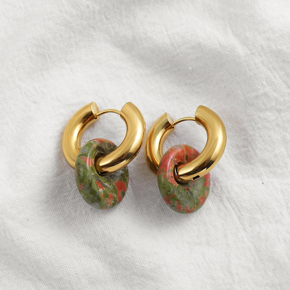 Bohemian Multicolour Natural Stone Chunky Circle Hoop Earrings Women Pink Crystal Gold Color Piercing Ear Buckle Punk Jewelry