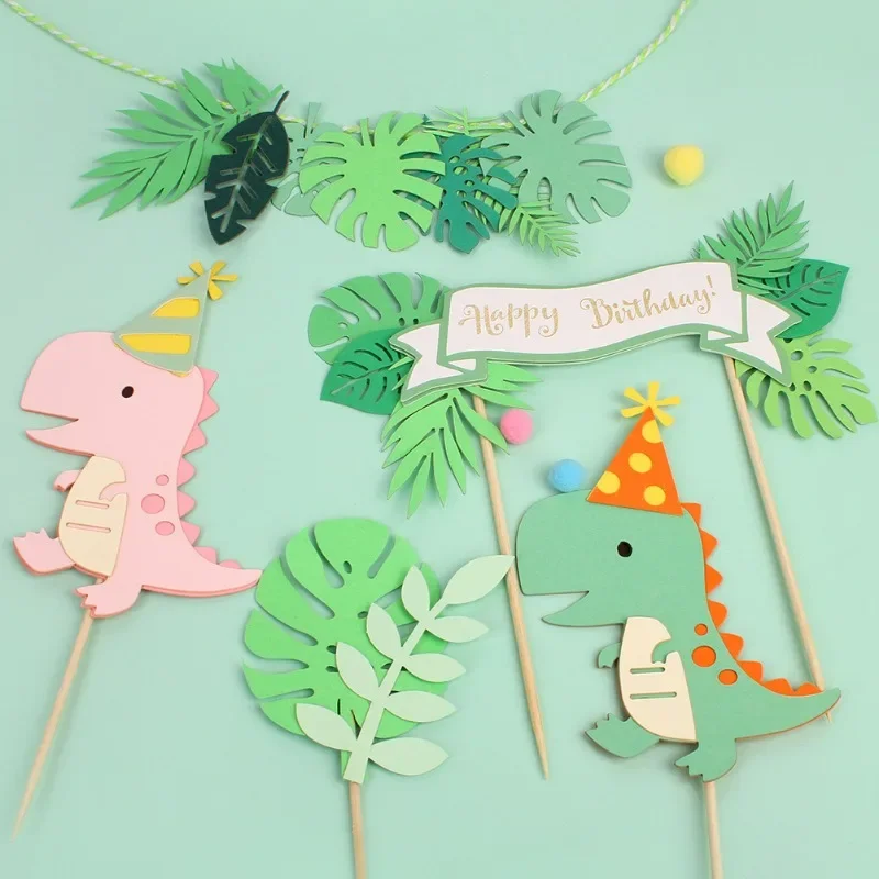 Dinosaur Cake Toppers Jungle Safari Dino Theme Party Cake Decor Palm Leaves Kids Birthday Party Decorations Baby Shower Supplies cake topper cake decoration