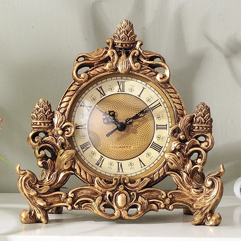 

European Style Bronze Seat Clocks Creative Living Room Resin Table Clock Bedroom Study Silent Decorative Crafts
