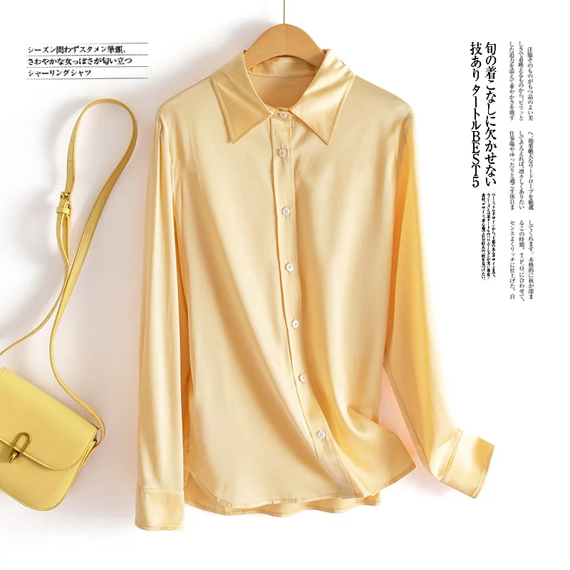 

Birdsky, 1PC Women button shirt top blouse office lady long sleeve 19mm 92% real mulberry silk 8% spandex Yellow solid, S-806