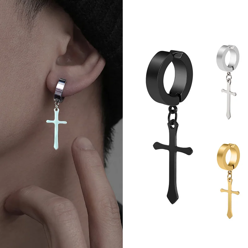 Fashion Titanium Steel Cross Ear Clip Earrings For Men Women Stainless Steel Punk Black Single Earring Fake Earrings Jewelry ear clip earrings clip earrings ear clip ear accessories