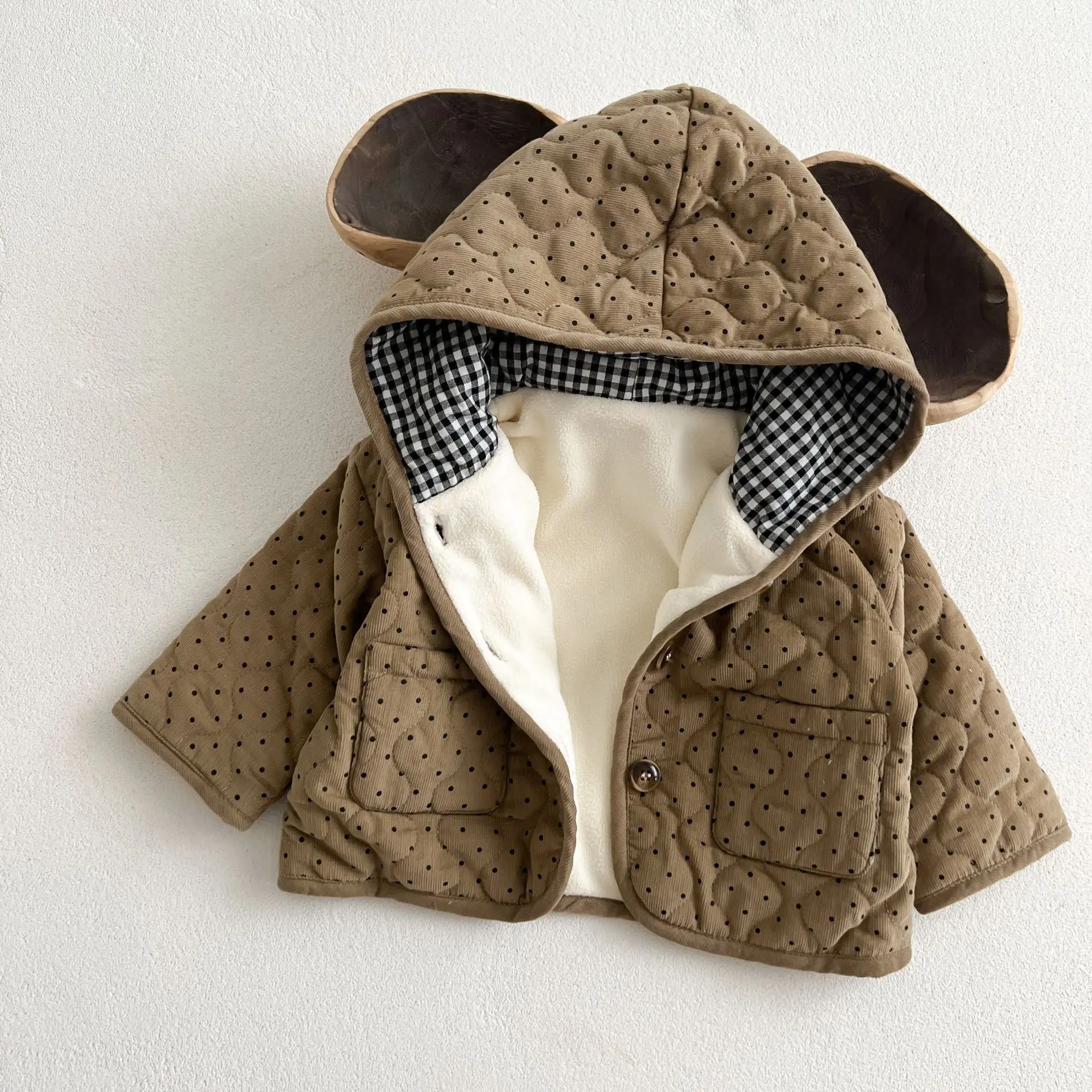 Winter New Baby Corduroy Warm Coat Long Sleeve Infant Padded Jacket Plus Velvet Thick Girls Boys Dot Print Hooded Coat