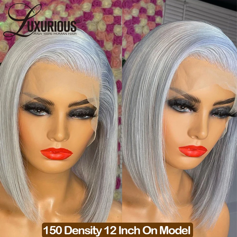 Human Hair Wig Sliver Grey Short Bob 13x4 Transparent Lace Frontal Wig Straight Brazilian Remy Hair Wig For Women